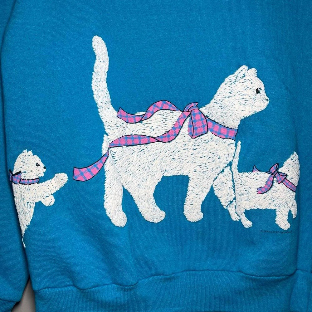 Vintage 90s Kitty Cat Kittens Granny Wrap Around Collared Sweatshirt Large - Picture 5 of 7